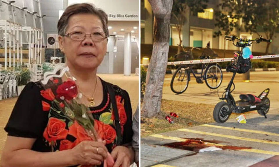 Madam Ong Bee Eng had been in a coma since she collided with a e-scooter while riding her bicycle in Bedok on Sept 21. A 20-year-old man was arrested after the accident. PHOTOS: COURTESY OF ONG FAMILY, SHIN MIN DAILY NEWS