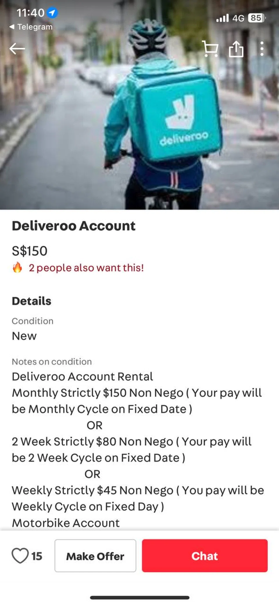 The online listing states that only Singaporeans and permanent residents can rent the account. PHOTO: ST READER