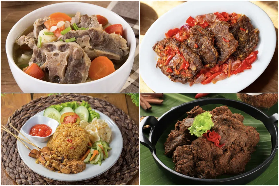 (Clockwise from top left) Oxtail Soup, Beef Dendeng Batokok, Beef Rendang and Nasi Goreng Istimewa from Ibu Sarah Kitchen.