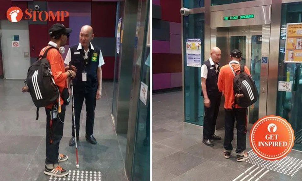 Security officer personally escorts visually impaired passenger to platform of Bendemeer MRT Station
