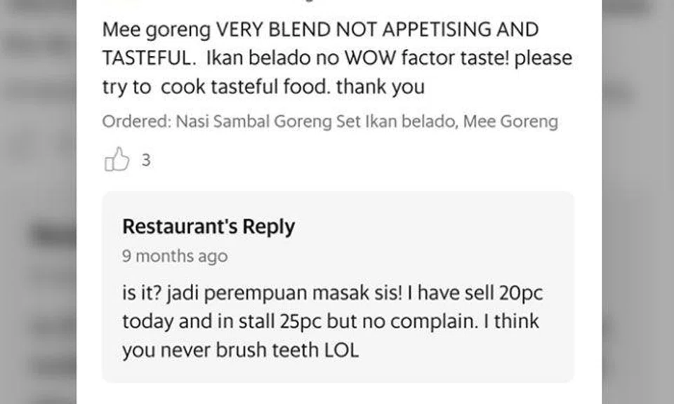 Woman compiles food stall's epic replies to reviews on GrabFood: 'I think you never brush teeth LOL'