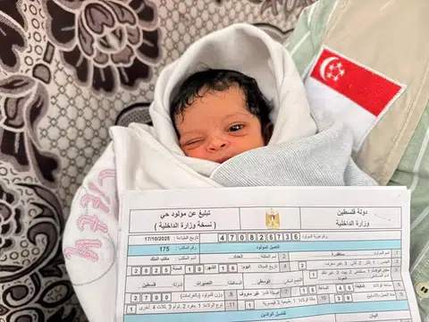 Baby Singapore, whose father works as a cook at a Singapore soup kitchen, was born in Gaza on Oct 16.