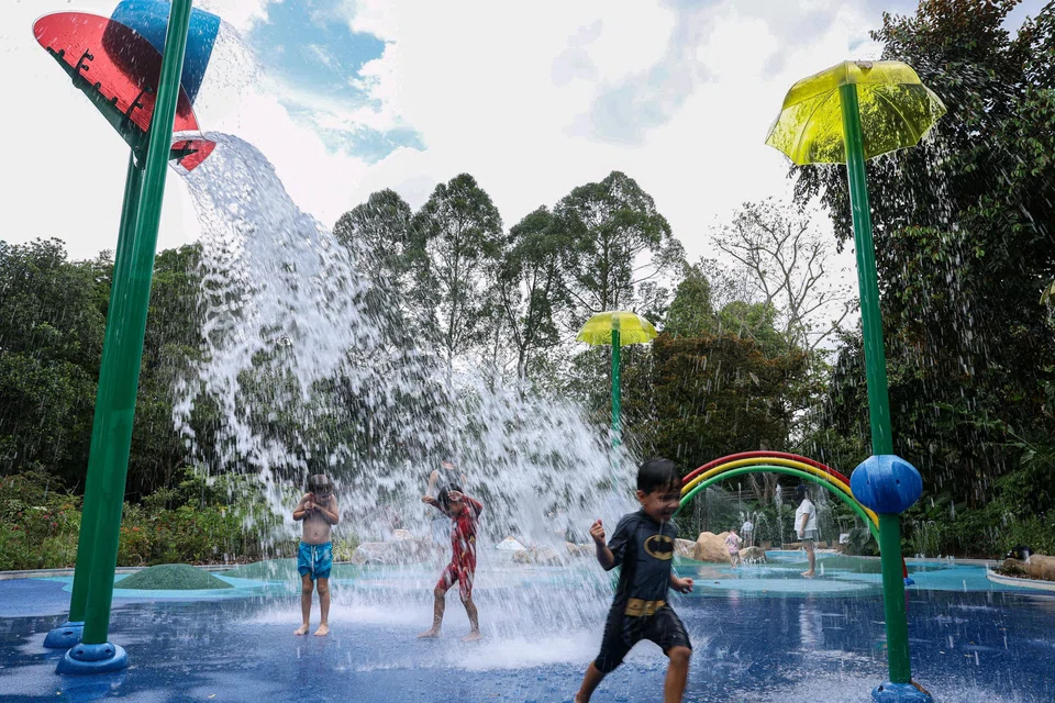 The refreshed Waterplay space at Jacob Ballas Children’s Garden has features such as umbrella fountains and a splash bucket simulate rain.