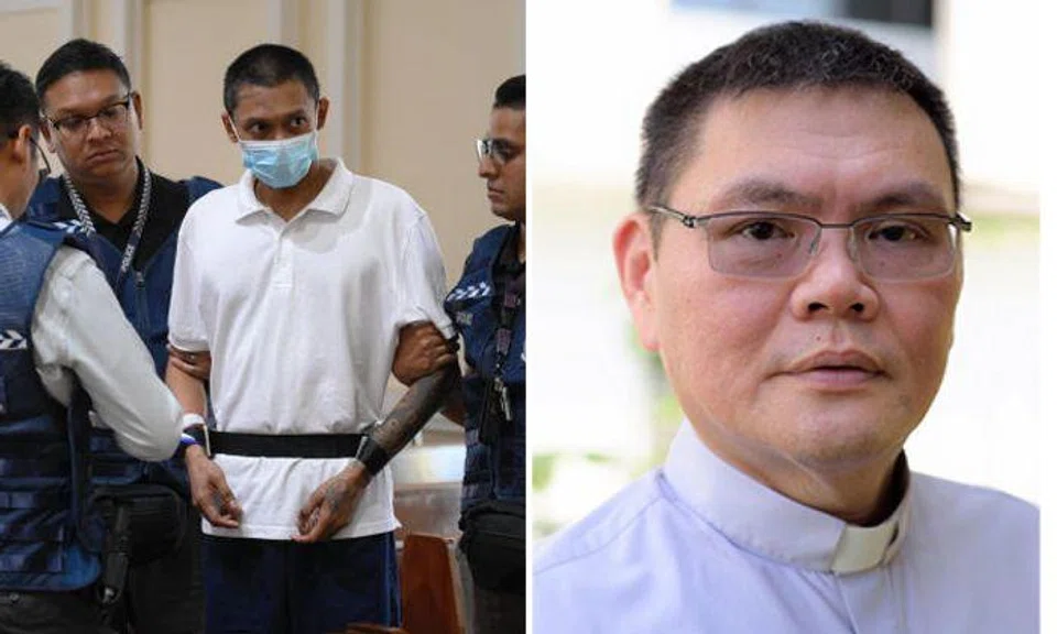 Basnayake Keith Spencer, who is accused of stabbing a priest (right) at St Joseph’s Church, being taken back to the scene by the police on Dec 6.