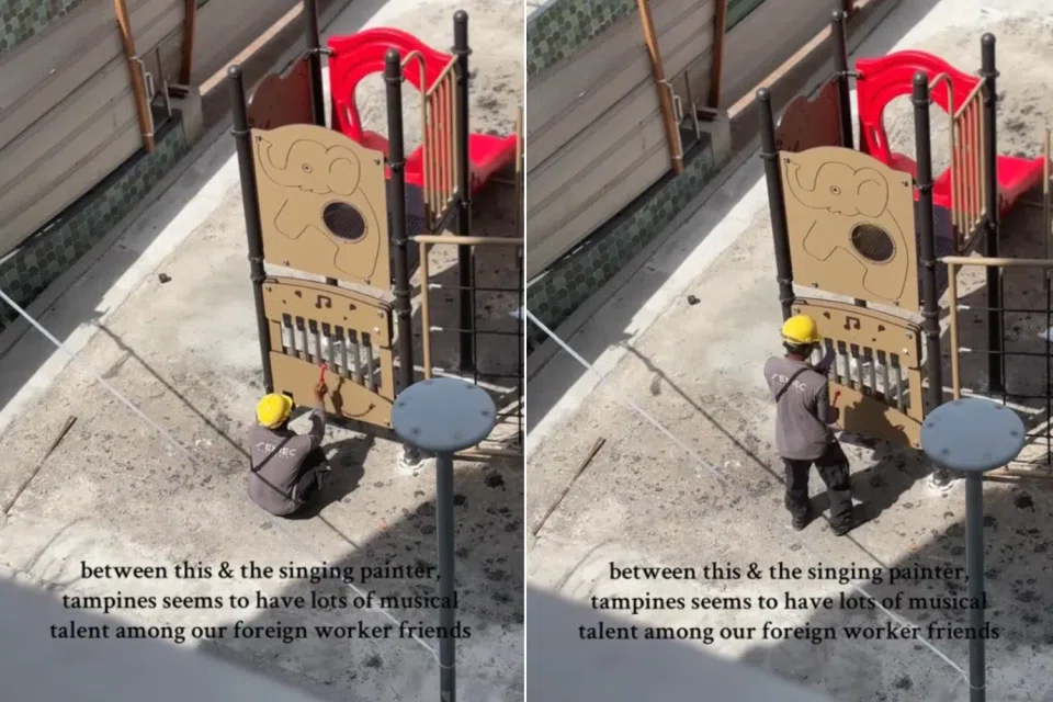 A migrant worker makes music with playground equipment in a moment that drew praise from netizens. 