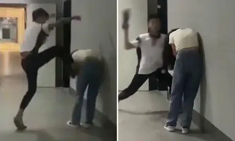 The male teen kicked the girl in the torso and one of his slippers fell off. He picked it up and hit her five more times on the head with the footwear as she wailed.