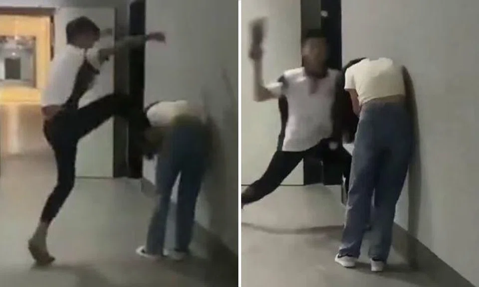 The male teen kicked the girl in the torso and one of his slippers fell off. He picked it up and hit her five more times on the head with the footwear as she wailed.