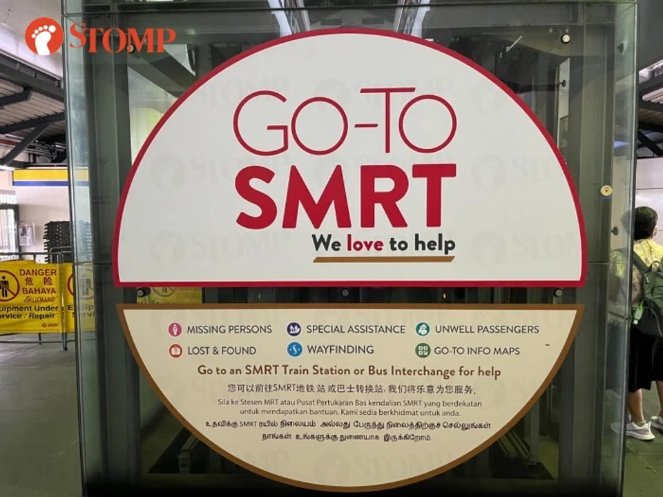 The Go-To-SMRT sign identifies the station as a place where anyone can approach the staff to seek assistance.