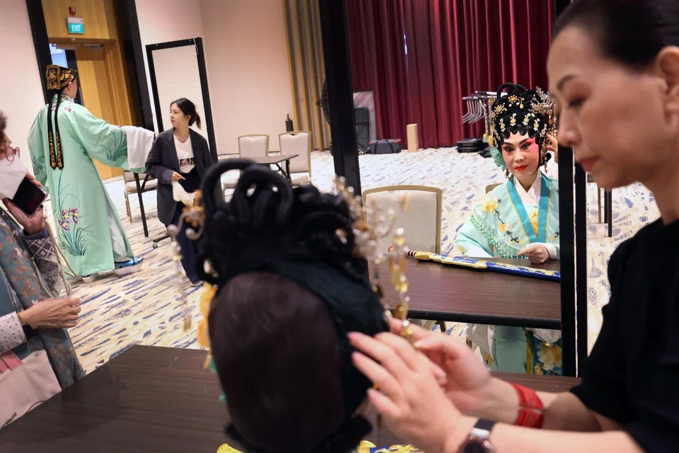Chinese opera artistes preparing for the media preview of the Chinese Opera Festival at Singapore Chinese Cultural Centre on June 4.