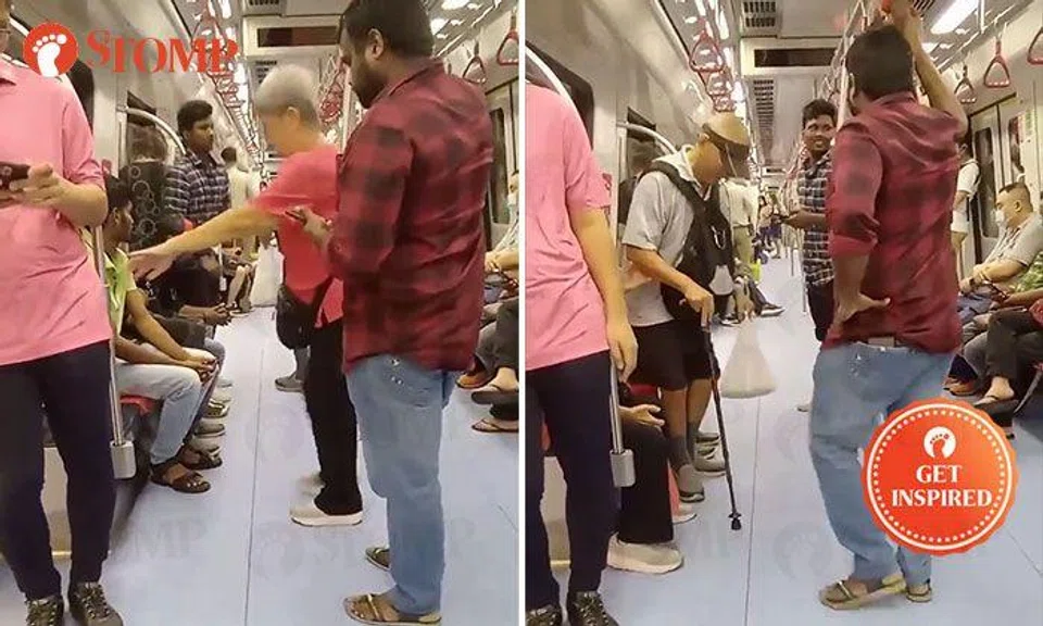 Men give up their seats on MRT so that elderly couple can sit together