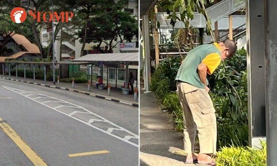 "I saw an elderly man urinating onto the grass at the walkway in front of the bus stop at Sheng Siong Supermarket at Tanglin Halt."