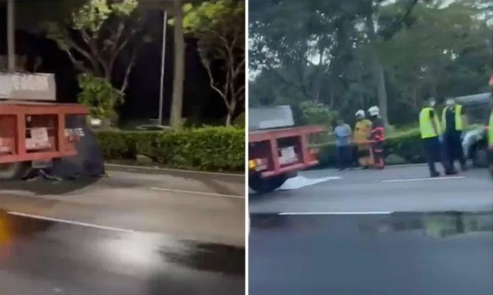 In a video posted on Facebook, a blue tent is seen set up next to the rear of a trailer. PHOTOS: SCREENGRABS FROM SINGAPORE ROAD ACCIDENTS/FACEBOOK, SINGAPORE INCIDENTS/FACEBOOK