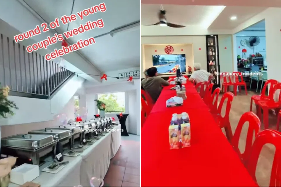 Tables and chairs were set up both inside the flat and along the corridor, with the buffet spread laid out for guests.