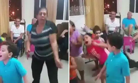 Ouch! Watch how dancing grandma trips and falls on small kid