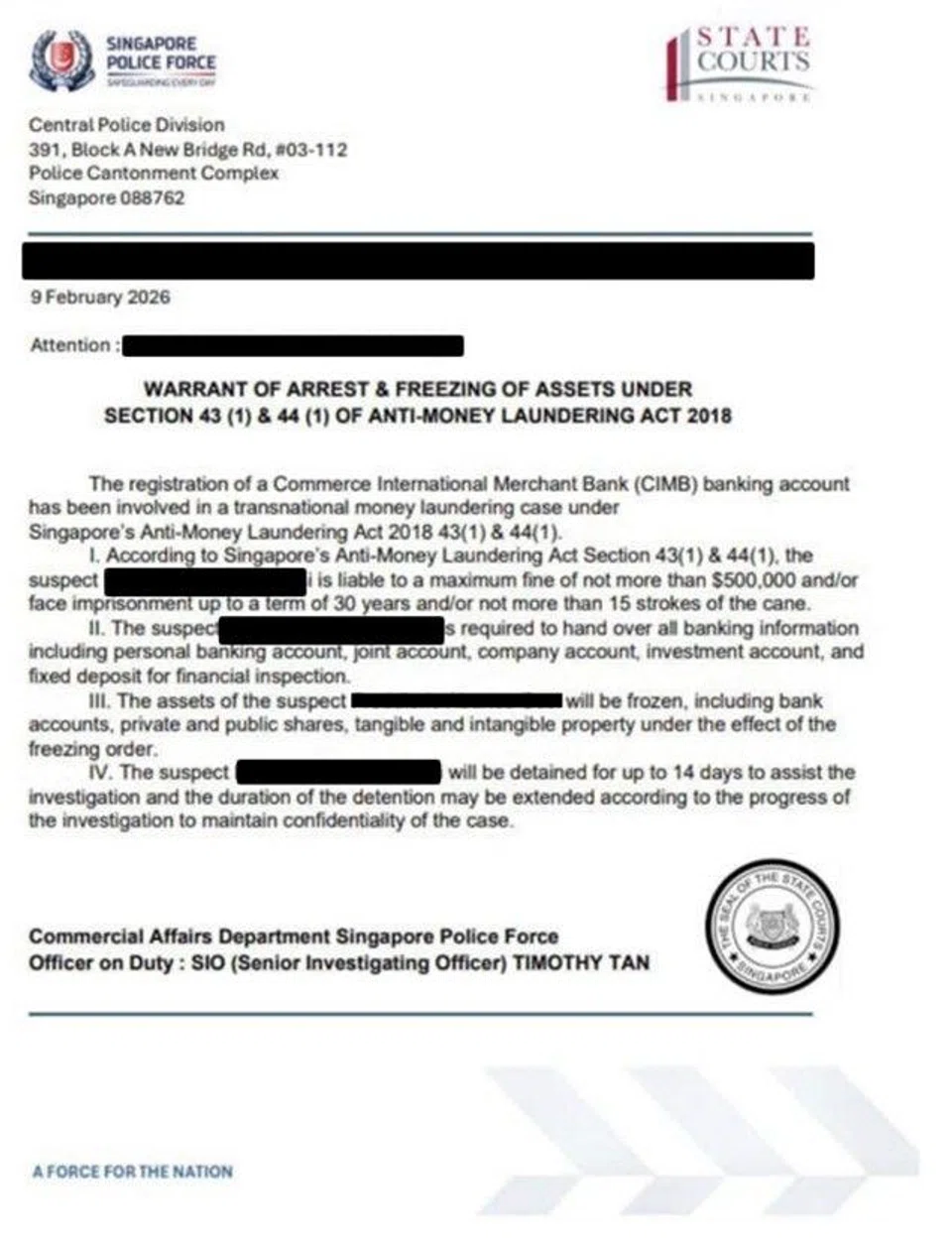 Fake warrant of arrest