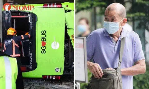 Loo Eng Chai was also disqualified from driving for five years for causing the accident at Bukit Batok Bus Interchange that saw another bus ending up on its side. PHOTOS: STOMP, KELVIN CHNG/ST, SHIN MIN DAILY NEWS