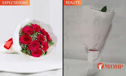 Woman so paiseh by $84.90 bouquet with "mahjong paper" and rubber band that she had to hide it