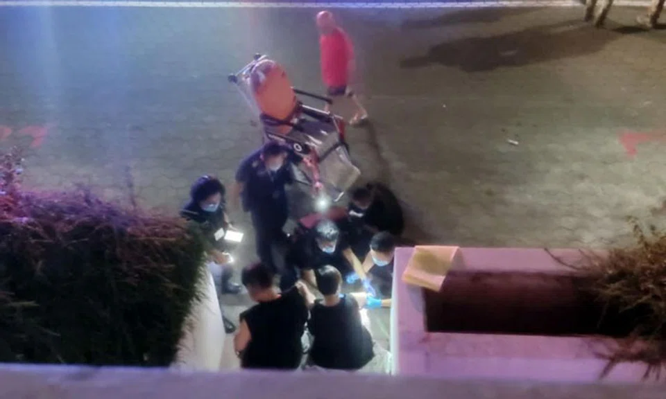 Paramedics at the scene of the incident where the wild boar attacked the woman and bit her left leg. PHOTO: LIANHE ZAOBAO