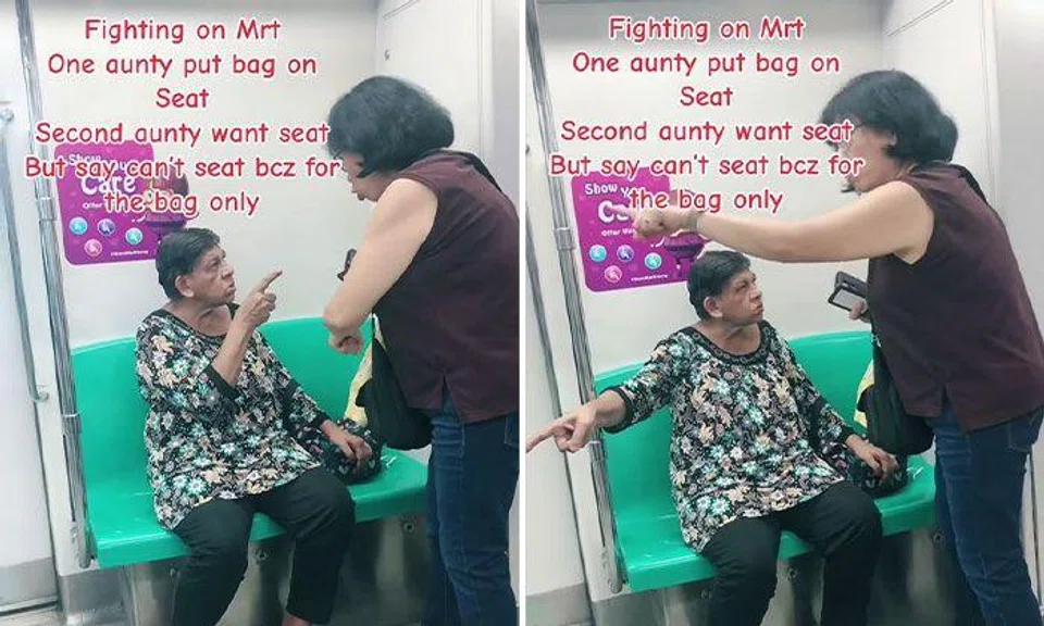 Woman confronts elderly commuter for taking up two seats on MRT train