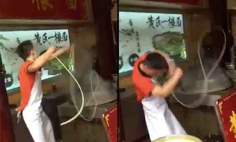 Is he 'pho'-real? The 'last noodle-bender' shows off his skill
