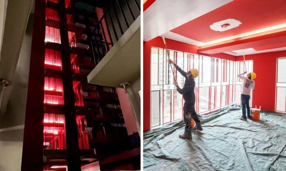 Photos of one of the blocks, featuring its crimson red tiles and paint, surfaced on social media on Tuesday night, with netizens commenting that they were “spooky” and “like a horror movie”. Photos: Shin Min Daily News, Lianhe Zaobao