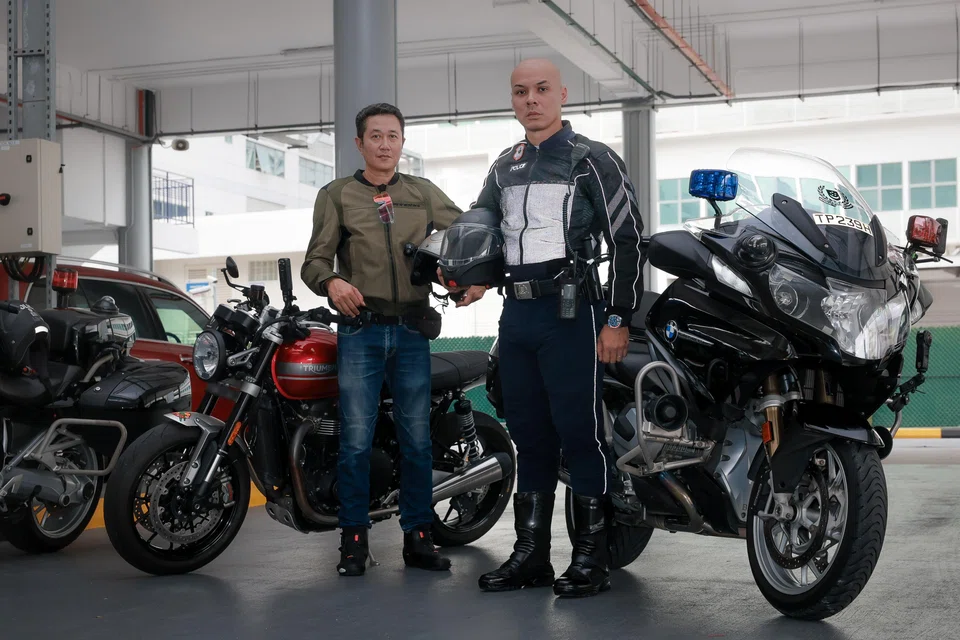 Senior Staff Sgt Ihsan (right) said his protective attire as an SOT officer includes gloves, a ventilated riding jacket with spine, arm and shoulder pads, and riding boots. 