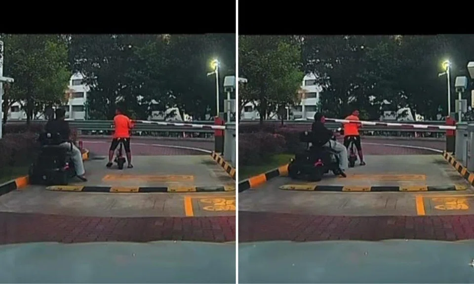 two men on pmd getting past carpark gantry