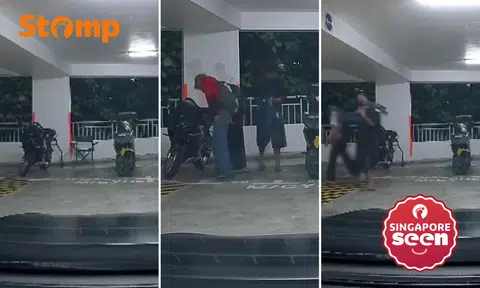 Three men caught on camera allegedly stealing cash card from motorcycle, Decathlon chair in Woodlands carpark
