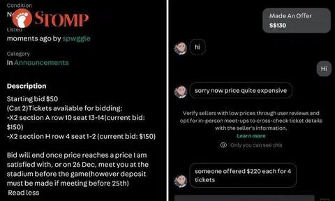 Football fan offers $130 for $35 semi-final tickets on Carousell -- but someone else bids $220