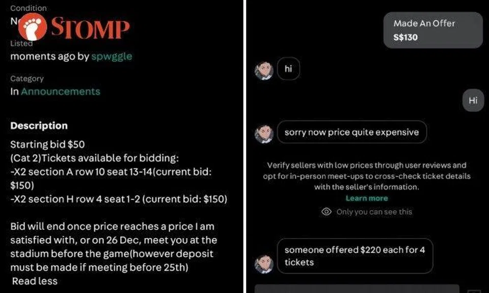 Football fan offers $130 for $35 semi-final tickets on Carousell -- but someone else bids $220