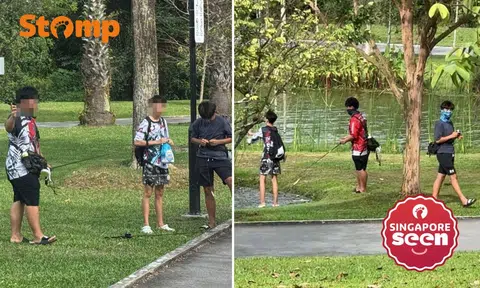 Youths fish in Sengkang park next to 'No Fishing' sign, wear masks and flash 'provocative gestures' when caught