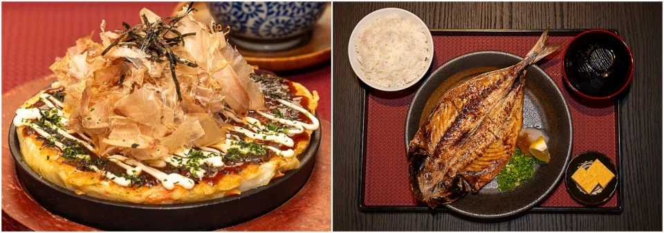 On Kukai's extensive menu are dishes such as okonomiyaki (left) and grilled horse mackerel.