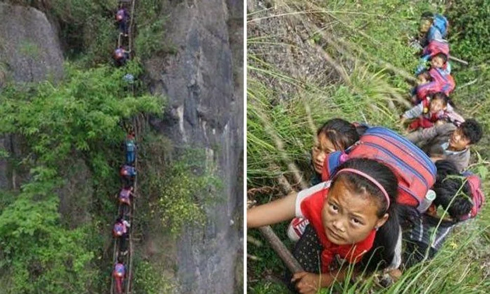 Kids in China finally get steel ladder to make dangerous climb to school slightly safer