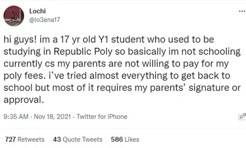 Teen raises $2k on Twitter after parents refuse to pay school fees as ''poly has no future'
