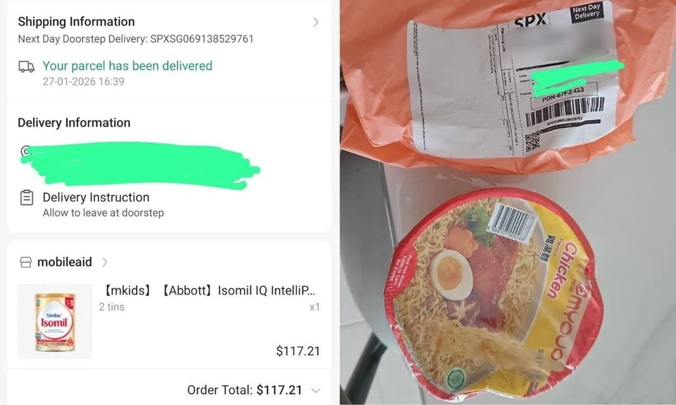 A man ordered two tins of infant formula on Shopee but received a bowl of instant noodles instead. 