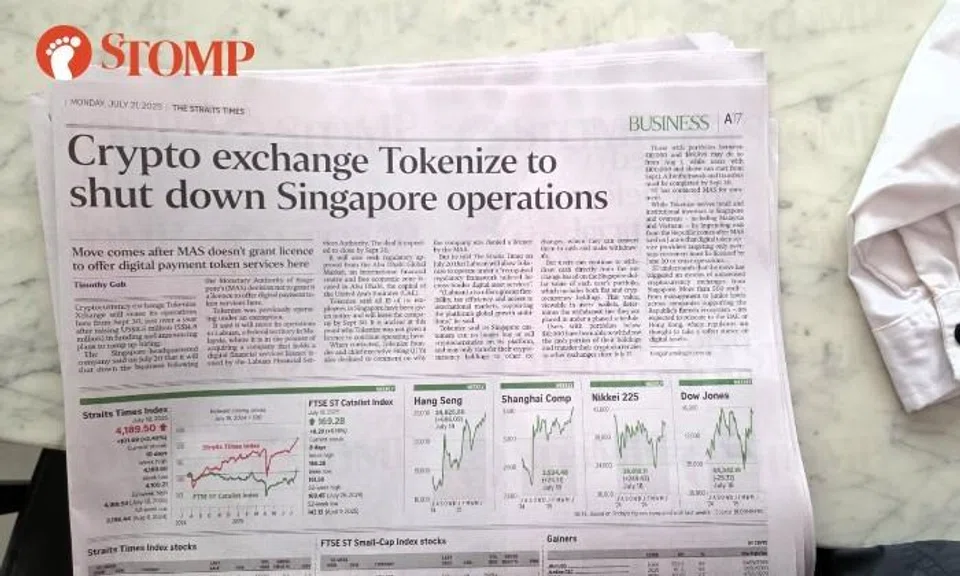 The Straits Times report on Tokenize shutting down in Singapore.