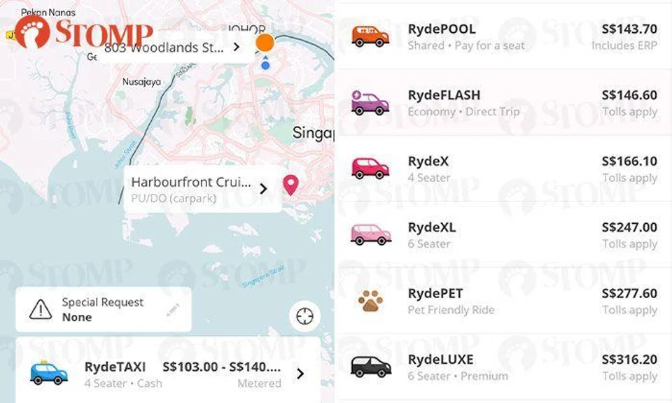 Woman shocked by Ryde fares ranging from $143 to $316 for trip from Woodlands to HarbourFront