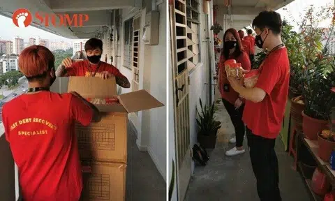 The Stomper shared photos of people wearing red T-shirts with the words "Fast Debt Recovery Specialist" on their backs going door-to-door at the block and handing out containers of snacks from big boxes.