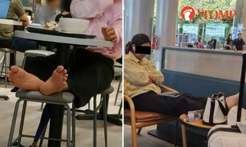 Sole disgusting: Man in Toast Box and woman in Starbucks rest their bare feet on furniture