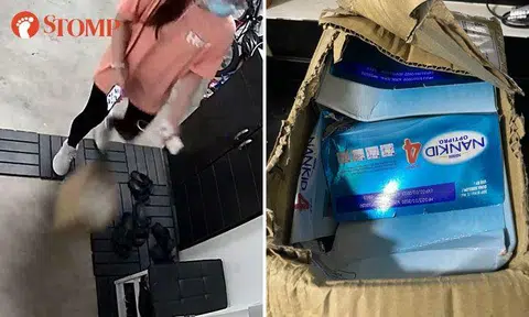 Delivery woman tosses box containing baby milk powder in front of customer's unit, damages packaging