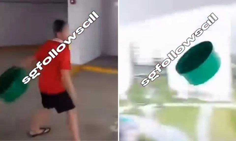 boy throws basin over multi storey carpark