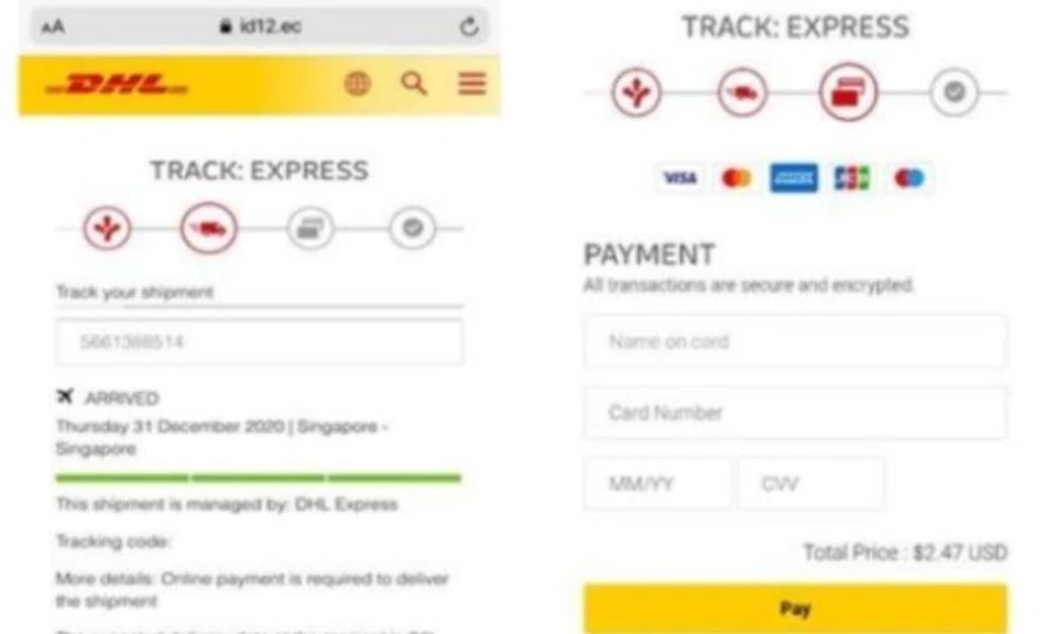 Screenshot of phishing email impersonating DHL. Photo: Singapore Police Force