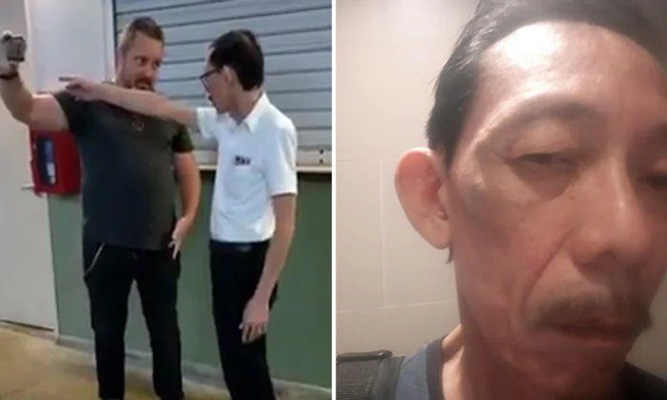 Security supervisor Andrew Lim (right), 60, was punched by a man at Roxy Square on April 4. Photos: Video screengrabs, Lianhe Wanbao