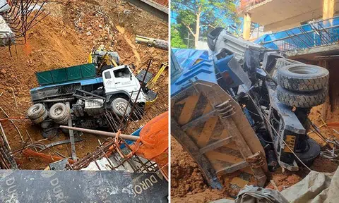The tipper truck suddenly rolled backwards, hit the edge barricades of the concrete slab, and fell over to the basement level.PHOTOS: PHOTO: BAPPA RAJ/FACEBOOK