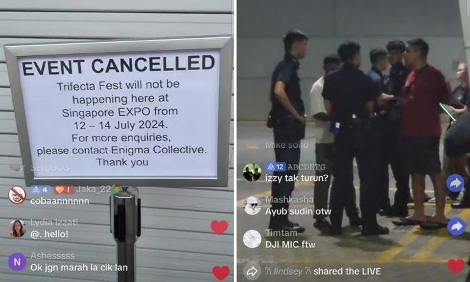 Videos show a large group of people milling around outside the Expo in the night after the event had been cancelled. Police cars and officers can be seen as well.