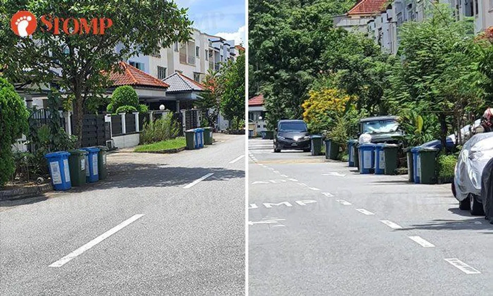 Residents at Villa Verde in Choa Chu Kang use bins to 'chope' parking spaces
