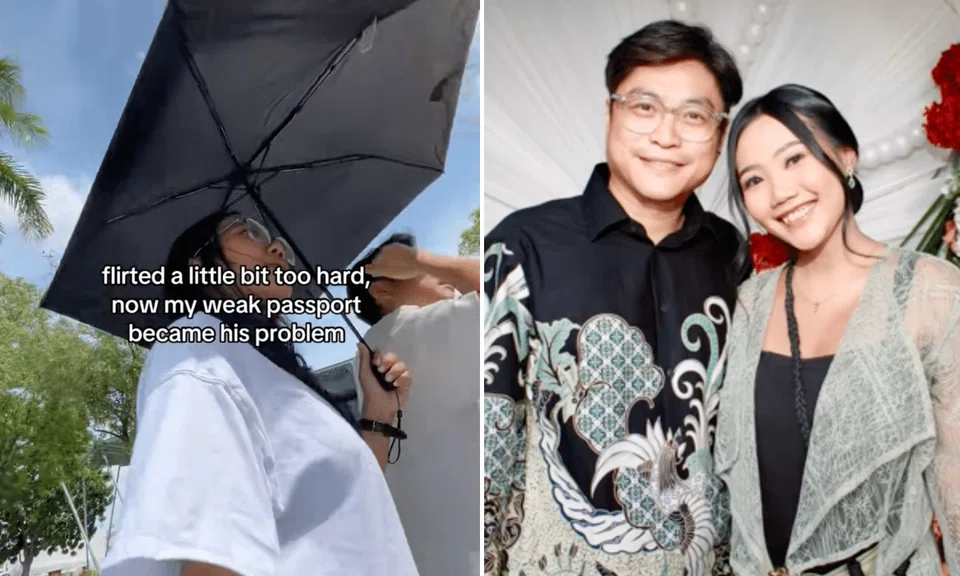 A collage of a woman holding an umbrella on a sunny day, and a couple photo