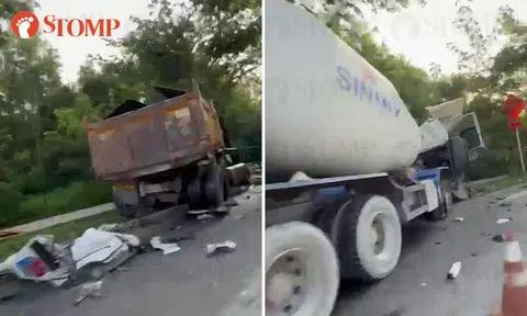 Driver taken to hospital after accident involving 2 tipper trucks and cement mixer at Aviation Park Road