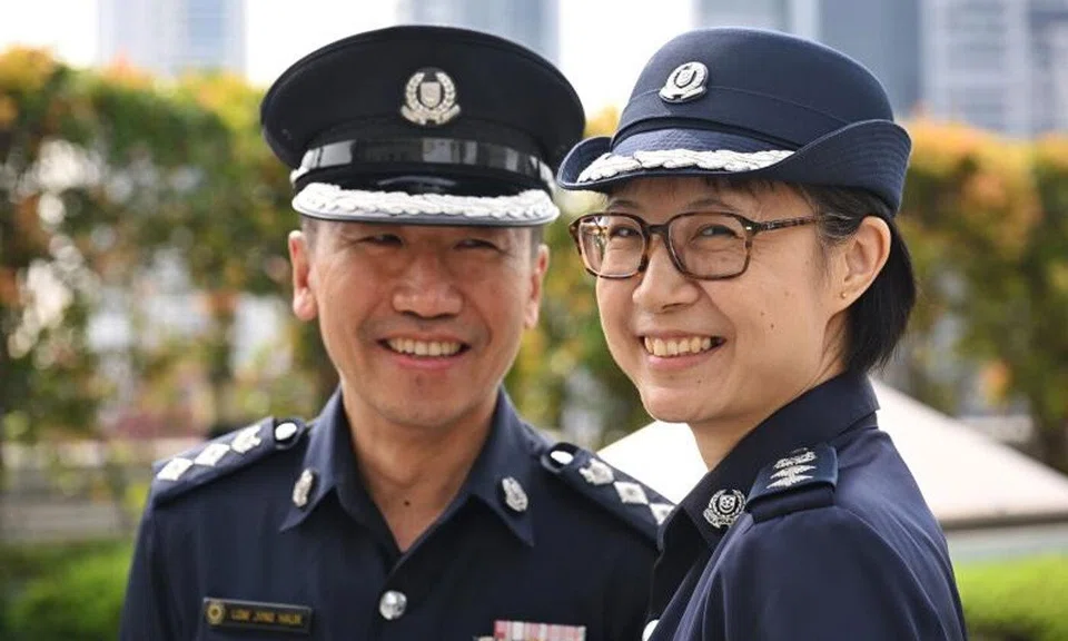 Husband-and-wife duo Superintendents of Police Low Jiing Haur (left) and Michelle Foo have been juggling work and family for the past two decades.