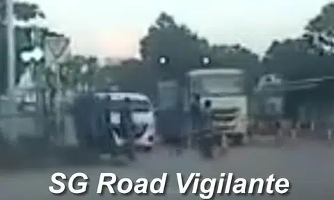 Van nearly hits group of workers crossing road at Jurong Island